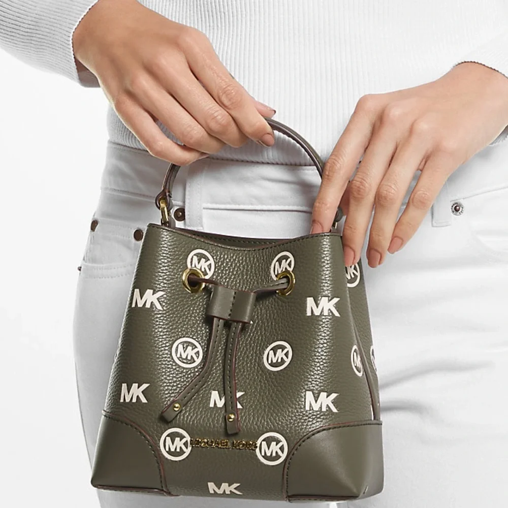 MICHAEL KORS Mercer Small Logo Embossed Leather Bucket Bag COLOR OLIVE NWT